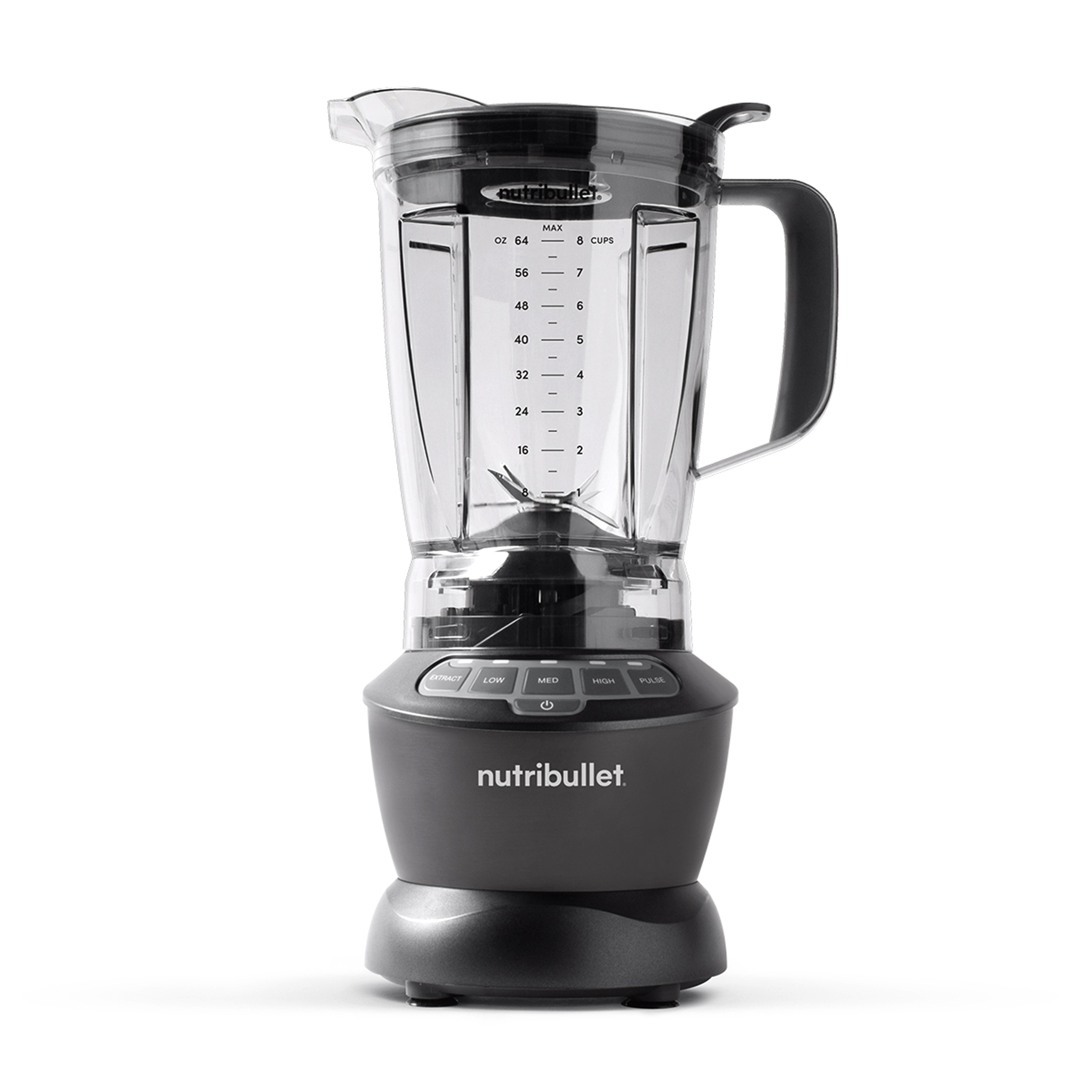 Ein grauer NutriBullet Mixer mit transparenter Kanne und Bedienelementen.