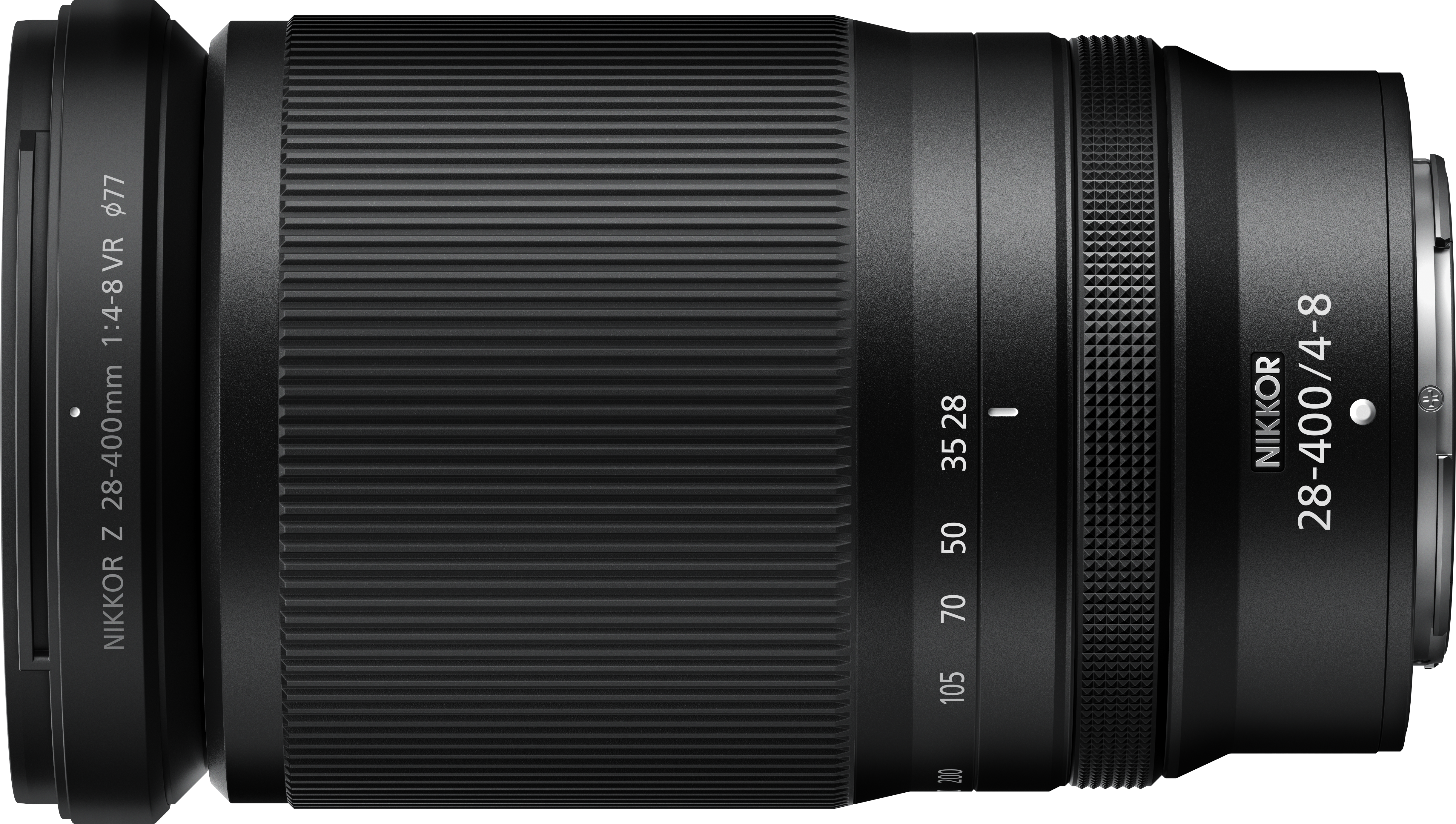 Objectif d'appareil photo noir avec marquages, dont 28-400mm et f/4-8 VR. Anneaux de mise au point et zoom.
