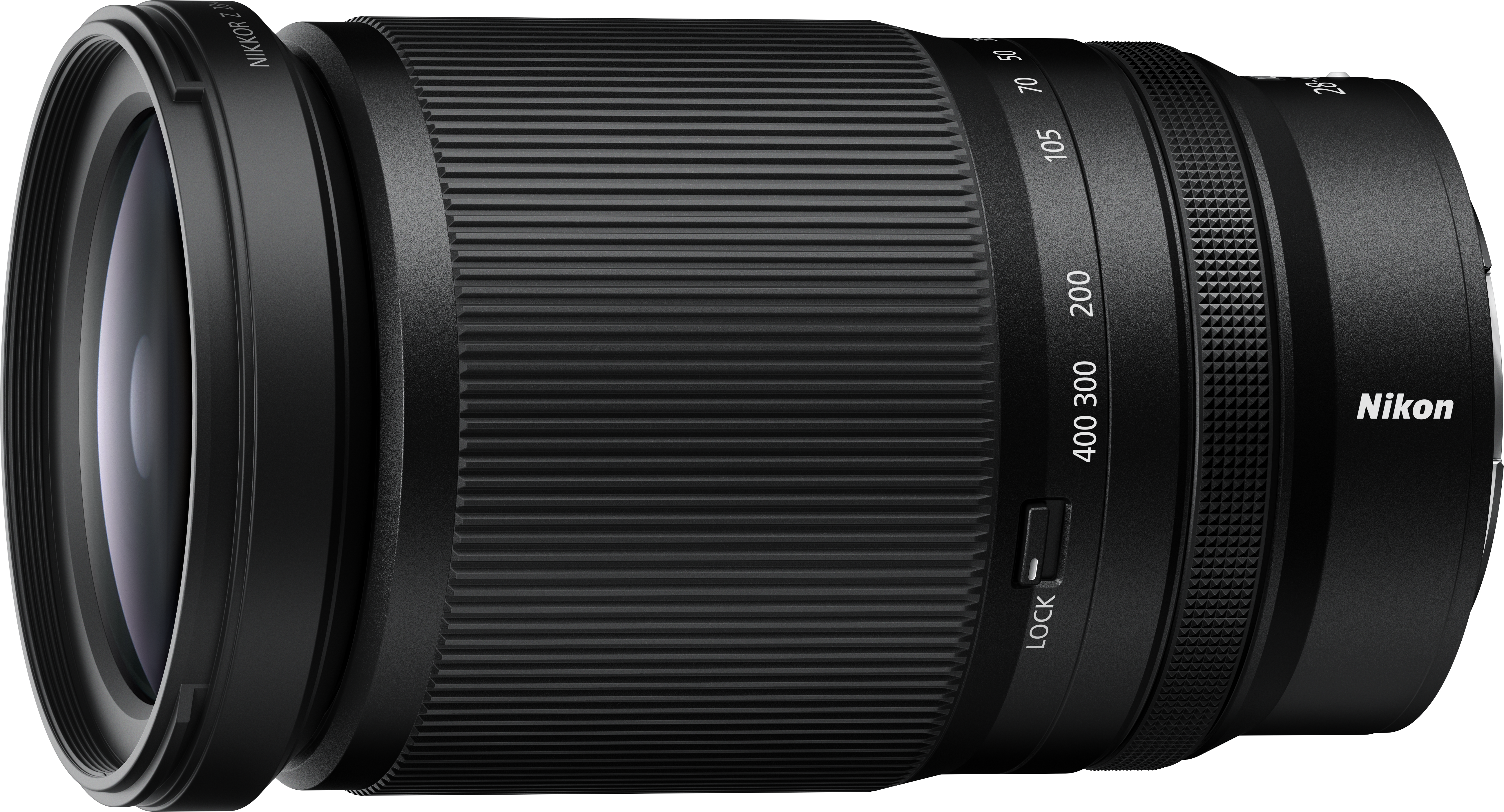 Objectif d'appareil photo noir avec bagues de zoom et de mise au point, marque Nikon.