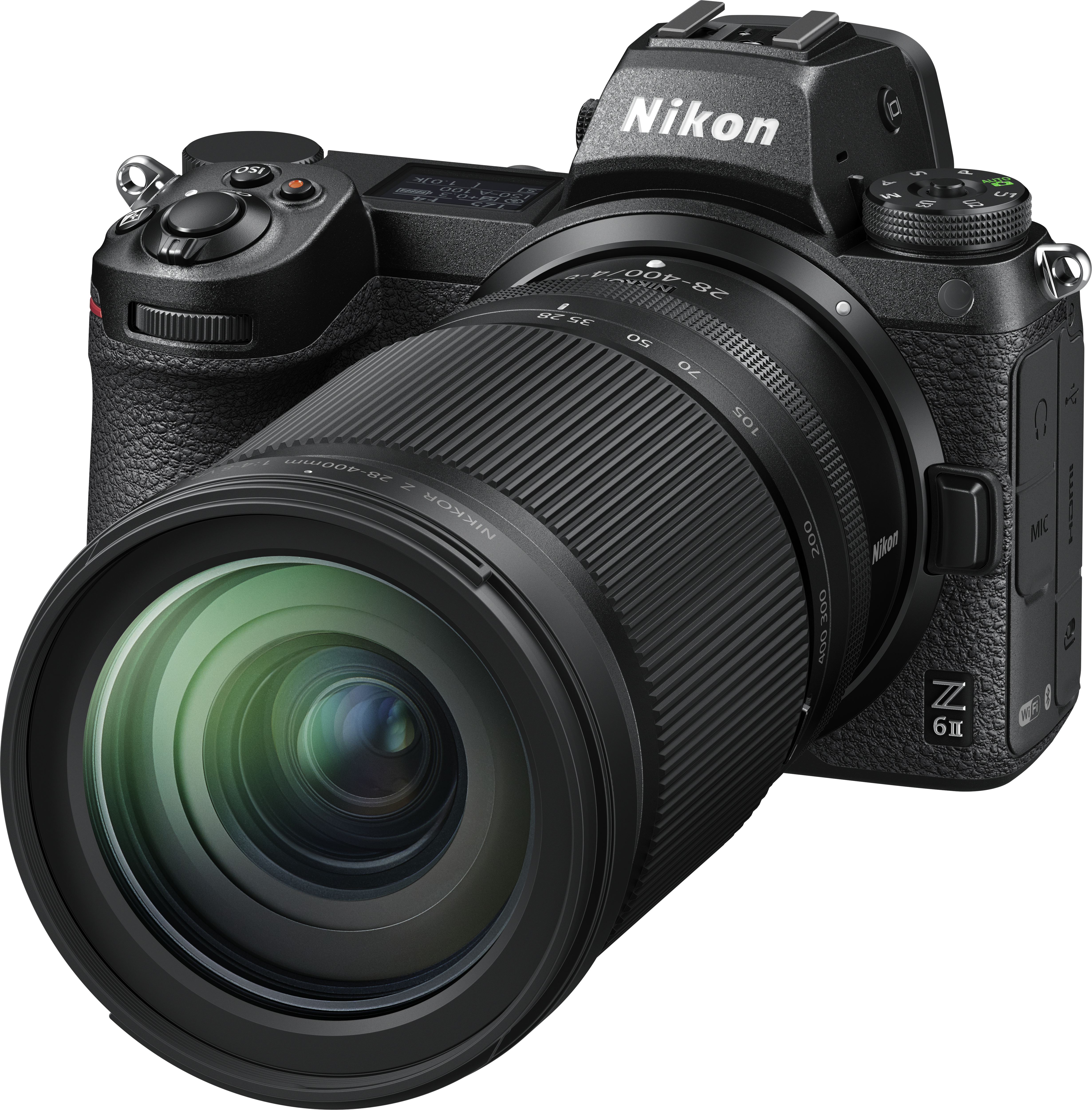 Appareil photo Nikon Z 6II noir avec un grand objectif fixé, vue en angle.