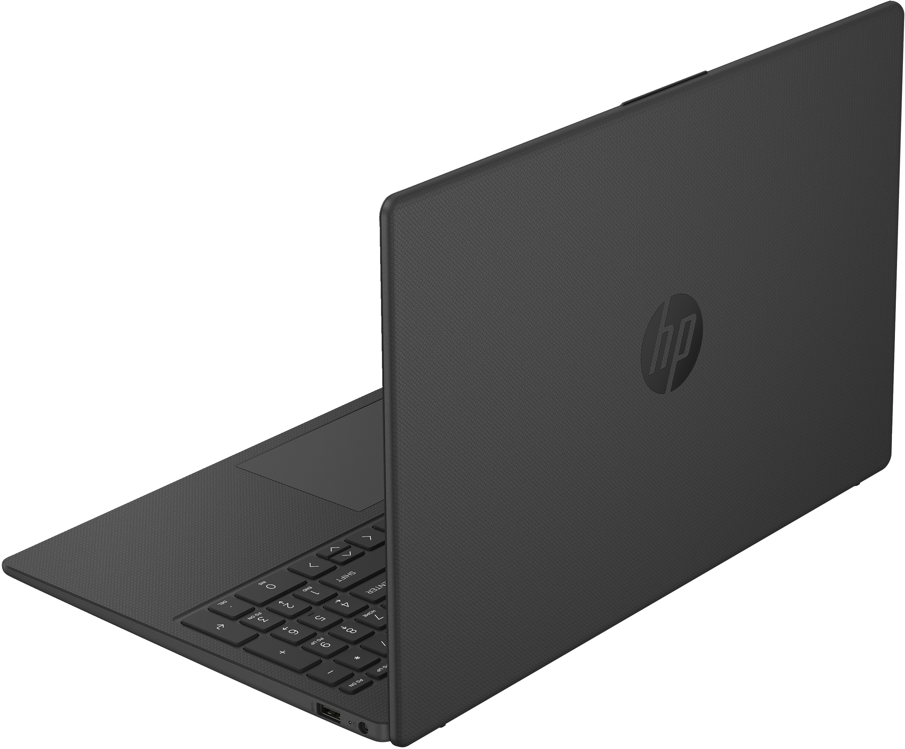 Ein schwarzer Laptop mit HP-Logo auf der Rückseite, in einem Winkel.