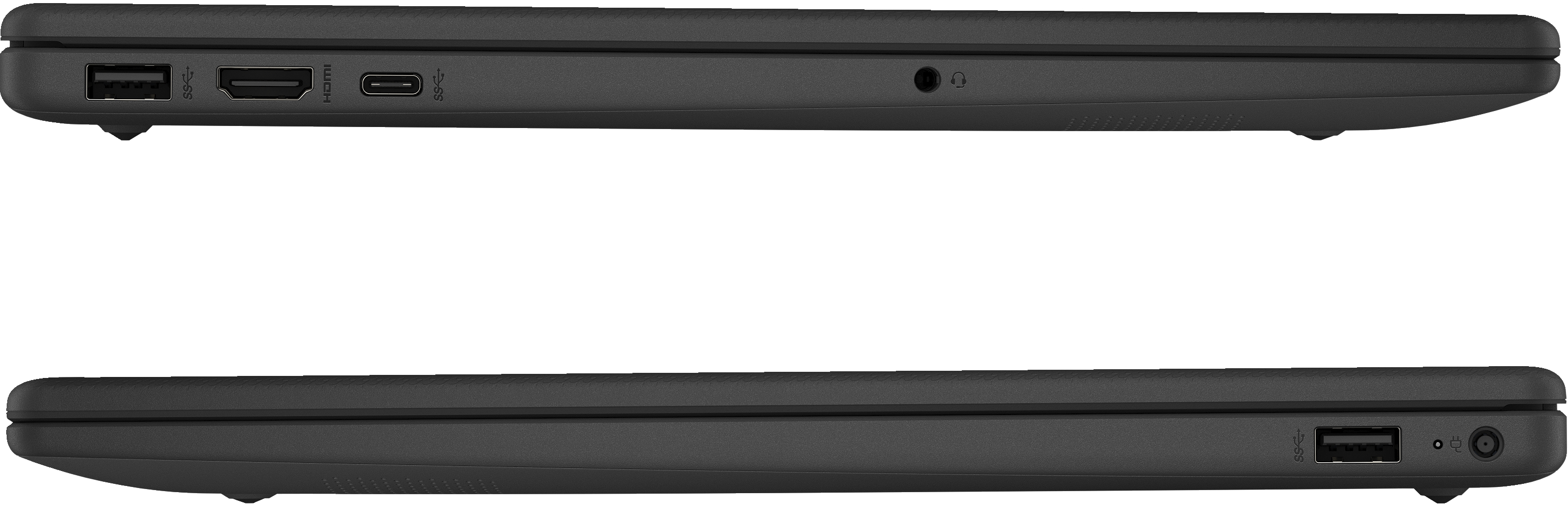 Zwei schwarze Laptops, Seitenansicht, zeigen Anschlüsse.