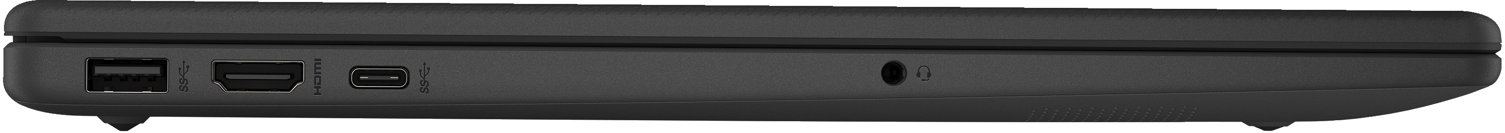 Die Seite eines schwarzen Laptops mit mehreren Anschlüssen: USB, HDMI, USB-C und Kopfhöreranschluss.