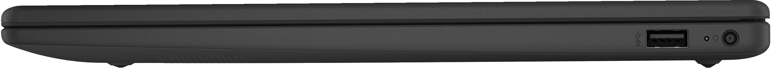 Seitenansicht eines geschlossenen schwarzen Laptops mit Anschlüssen an der Seite.