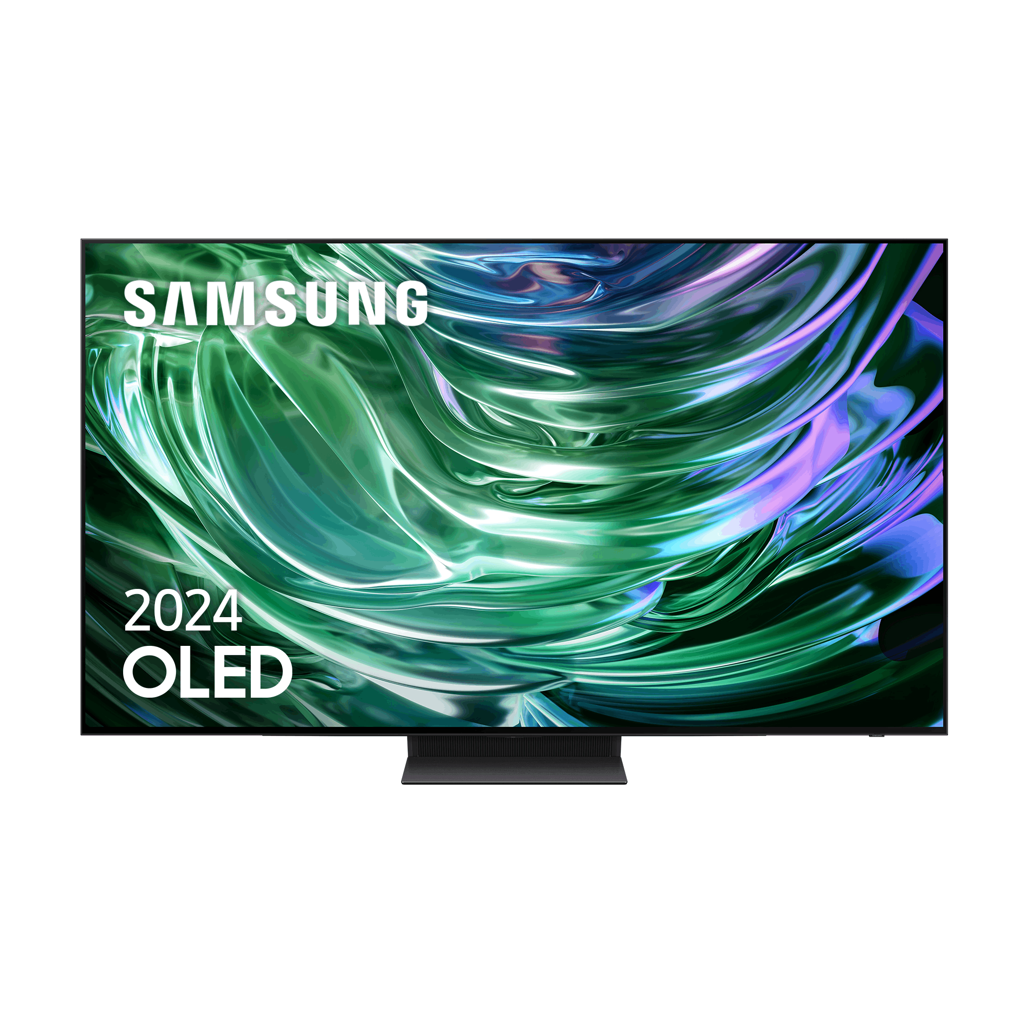 Un televisor OLED grande con marco negro y una pantalla abstracta verde y morada.
