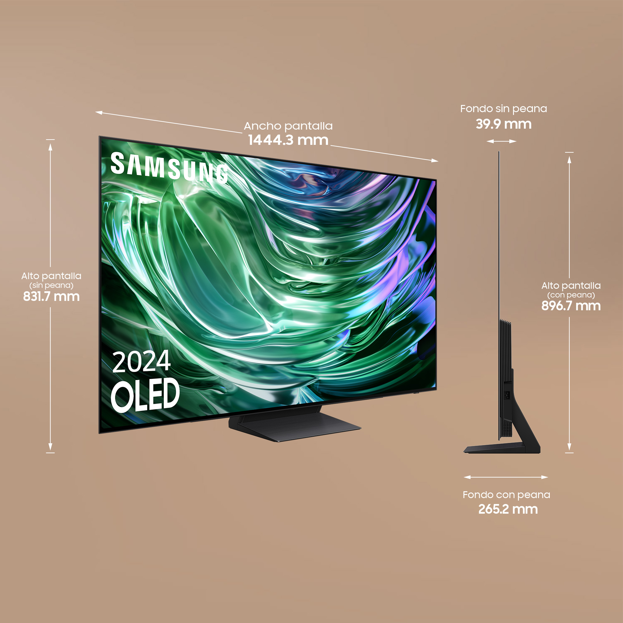 Pantalla grande de TV OLED con degradado verde y morado, con dimensiones.