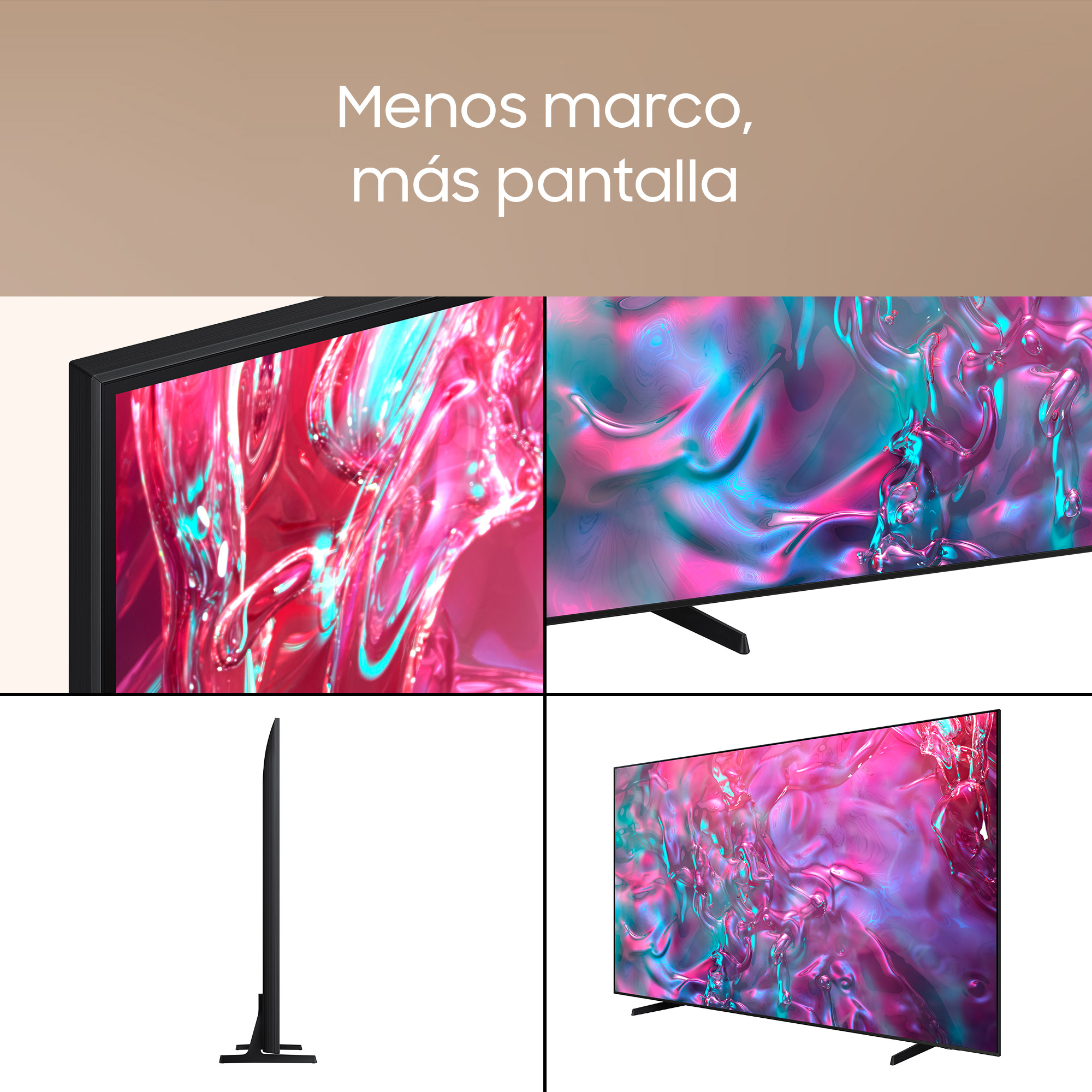 Múltiples imágenes de un televisor Samsung. Diferentes ángulos y un primer plano de la pantalla.