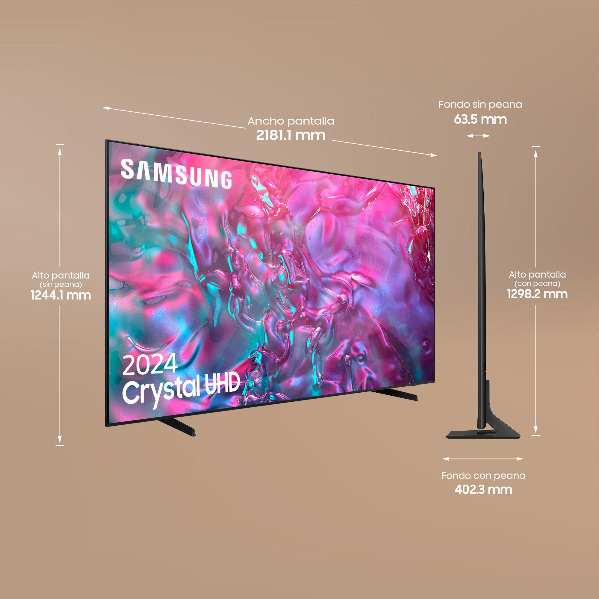 Una pantalla de TV con dimensiones. La pantalla es negra, con un logotipo de Samsung. Se muestran las dimensiones, incluida la anchura y la profundidad.