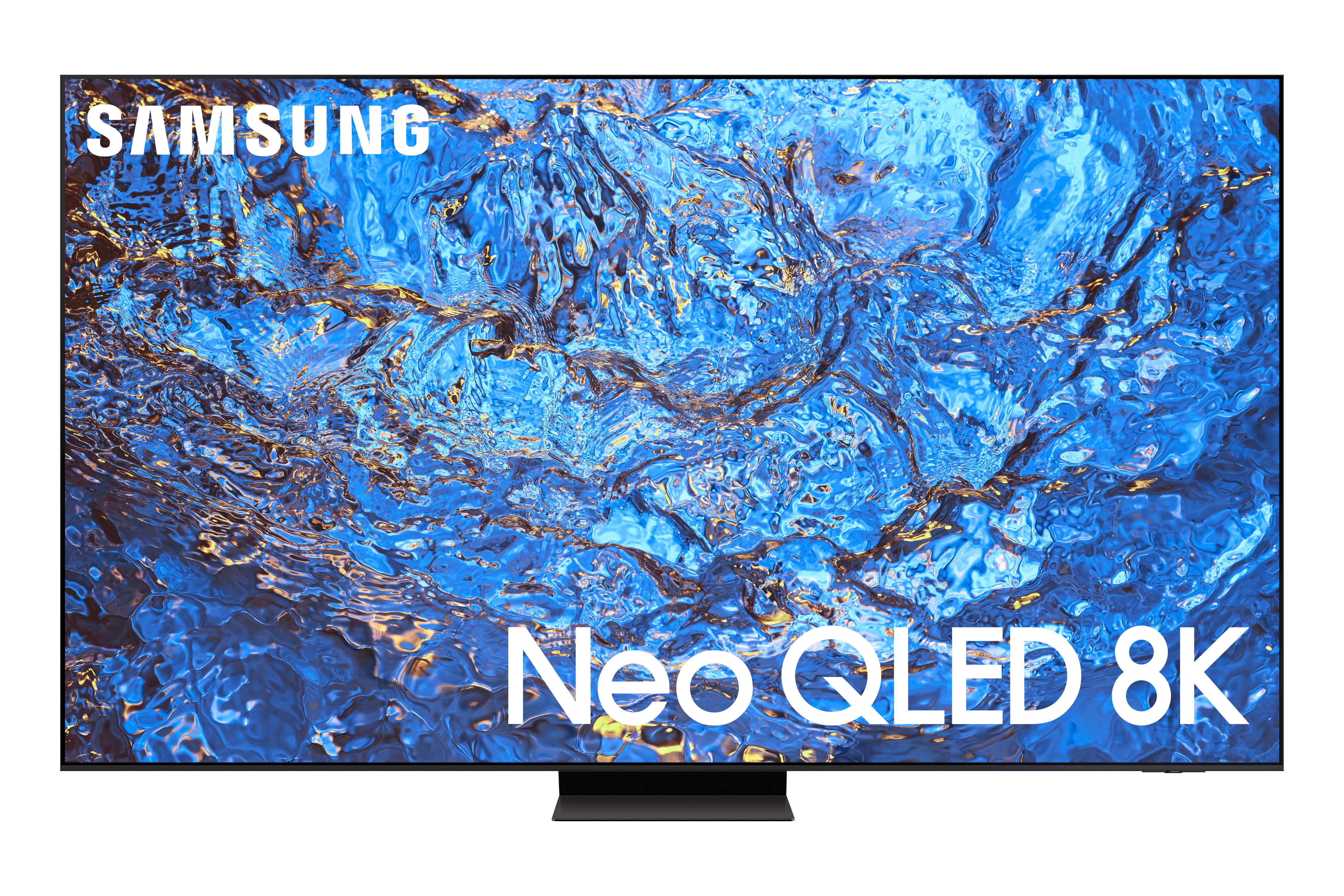 Un televisor Samsung Neo QLED 8K muestra una imagen azul y blanca arremolinada. La marca y el modelo son visibles.