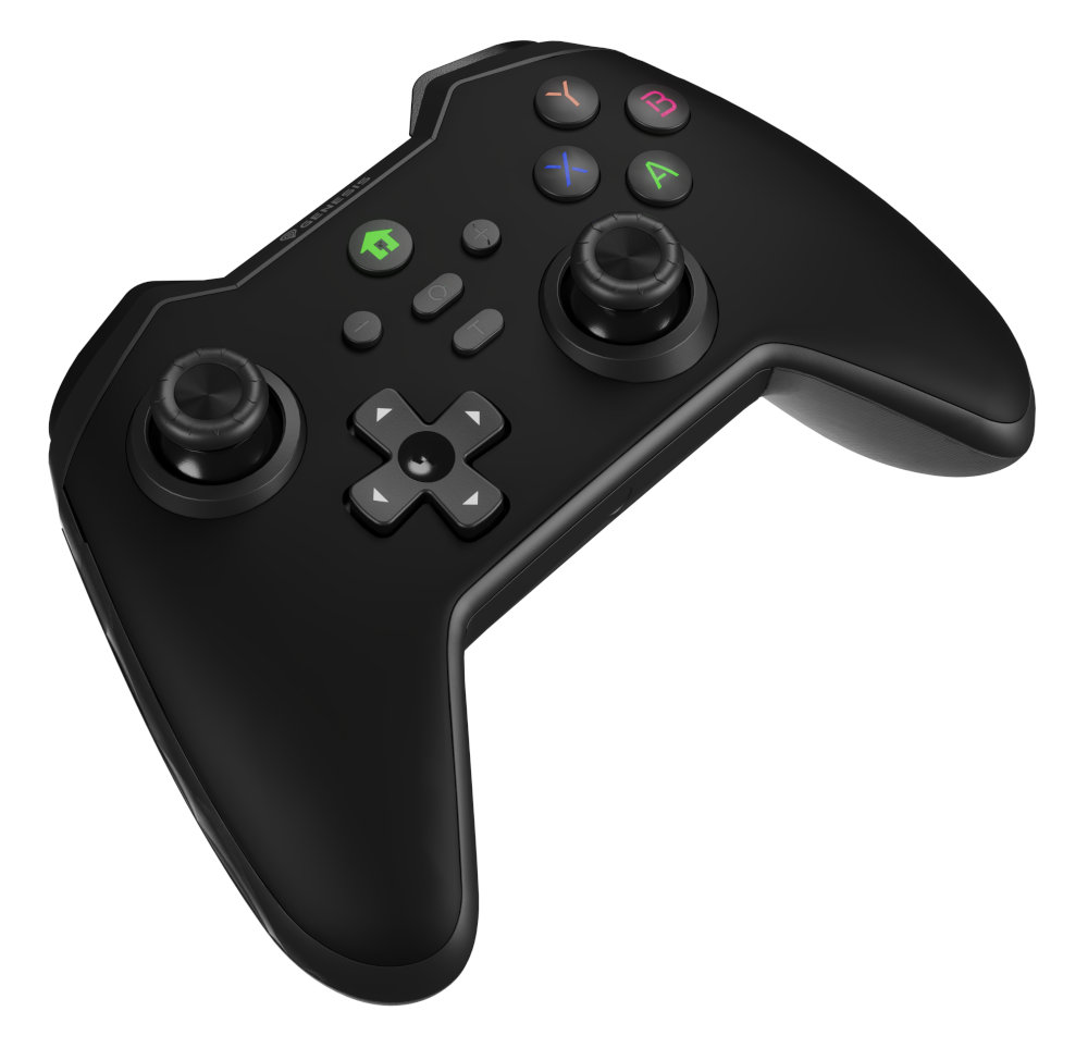 Czarny gamepad z różnymi przyciskami i dwoma joystickami na białym tle, widok z góry.