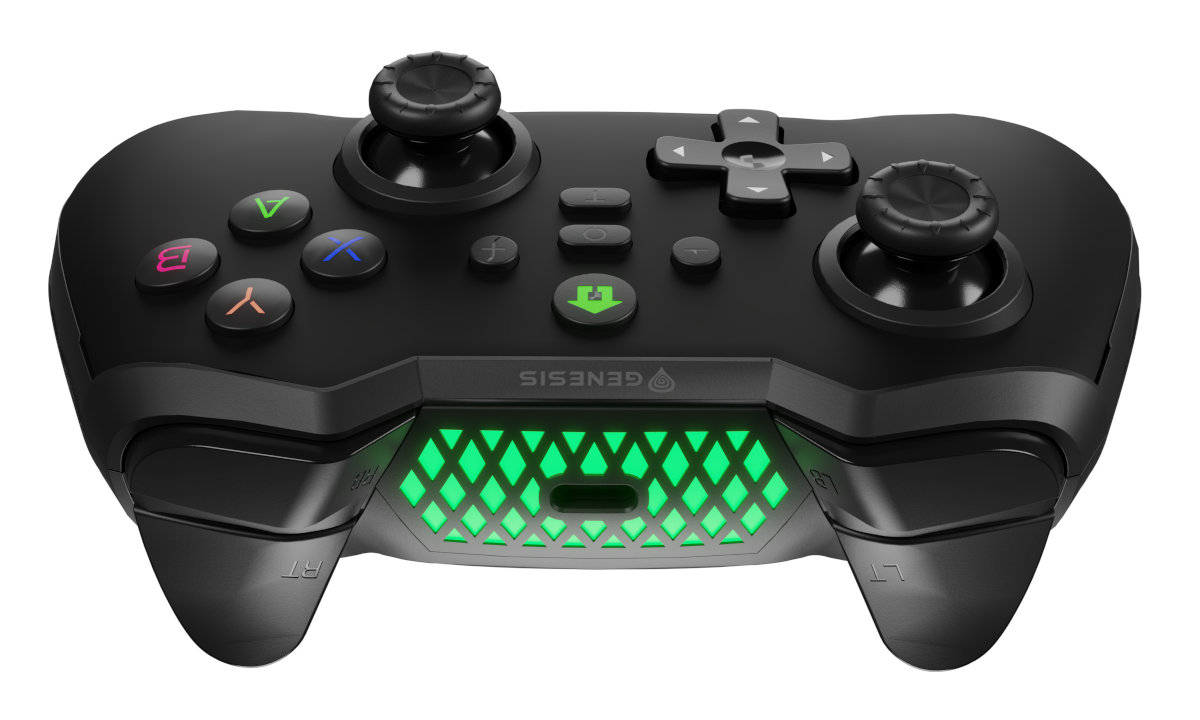 Czarny gamepad Genesis z przyciskami, joystickami i zielonym podświetleniem.