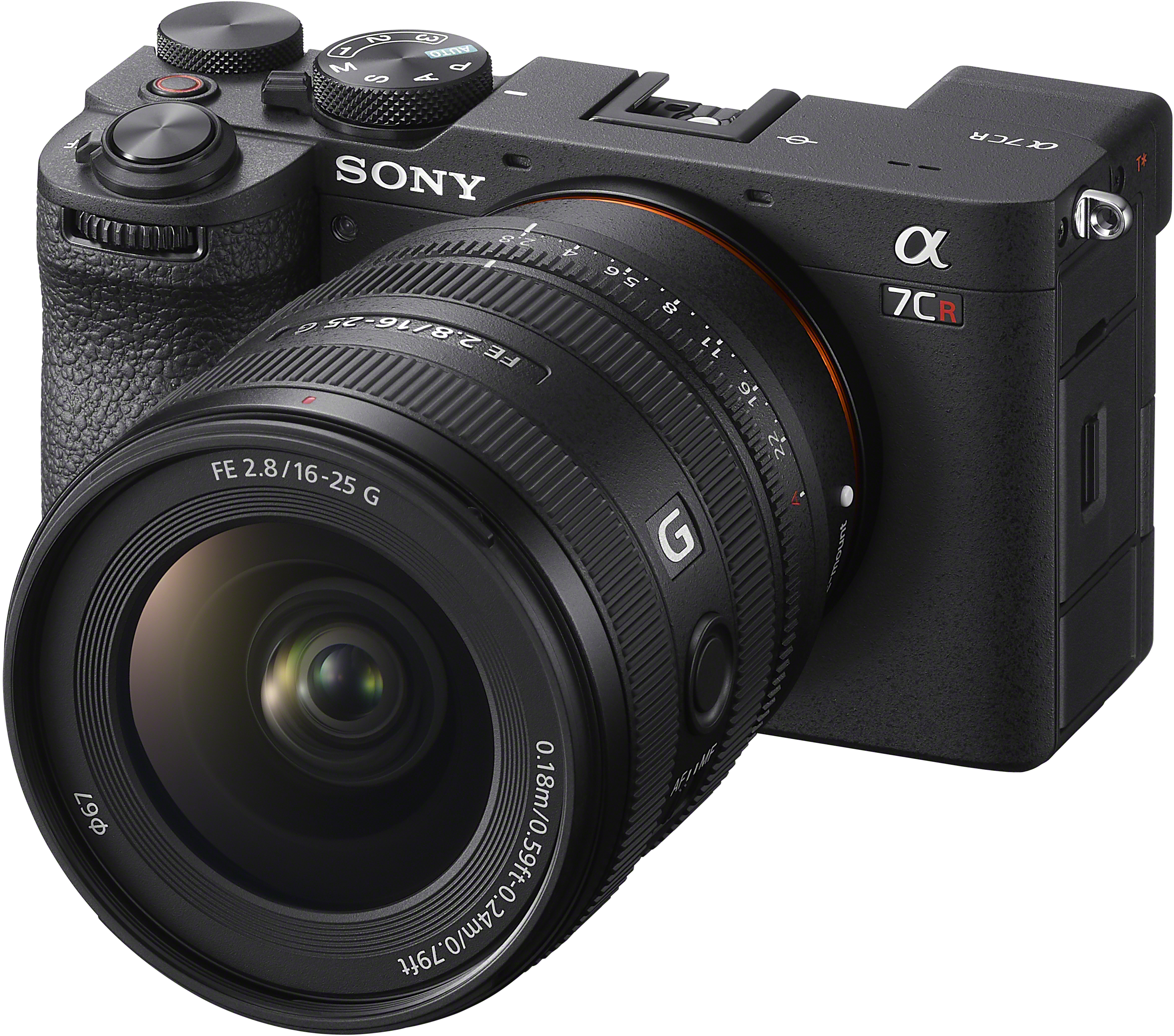 Schwarze Sony α7CR Kamera mit Objektiv, schräge Ansicht, auf weißem Hintergrund.