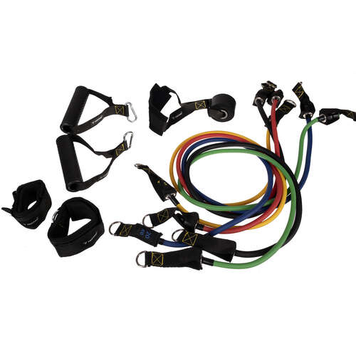 Zestaw taśm oporowych i akcesoriów. Zawiera uchwyty, paski na kostki i taśmy w różnych kolorach.