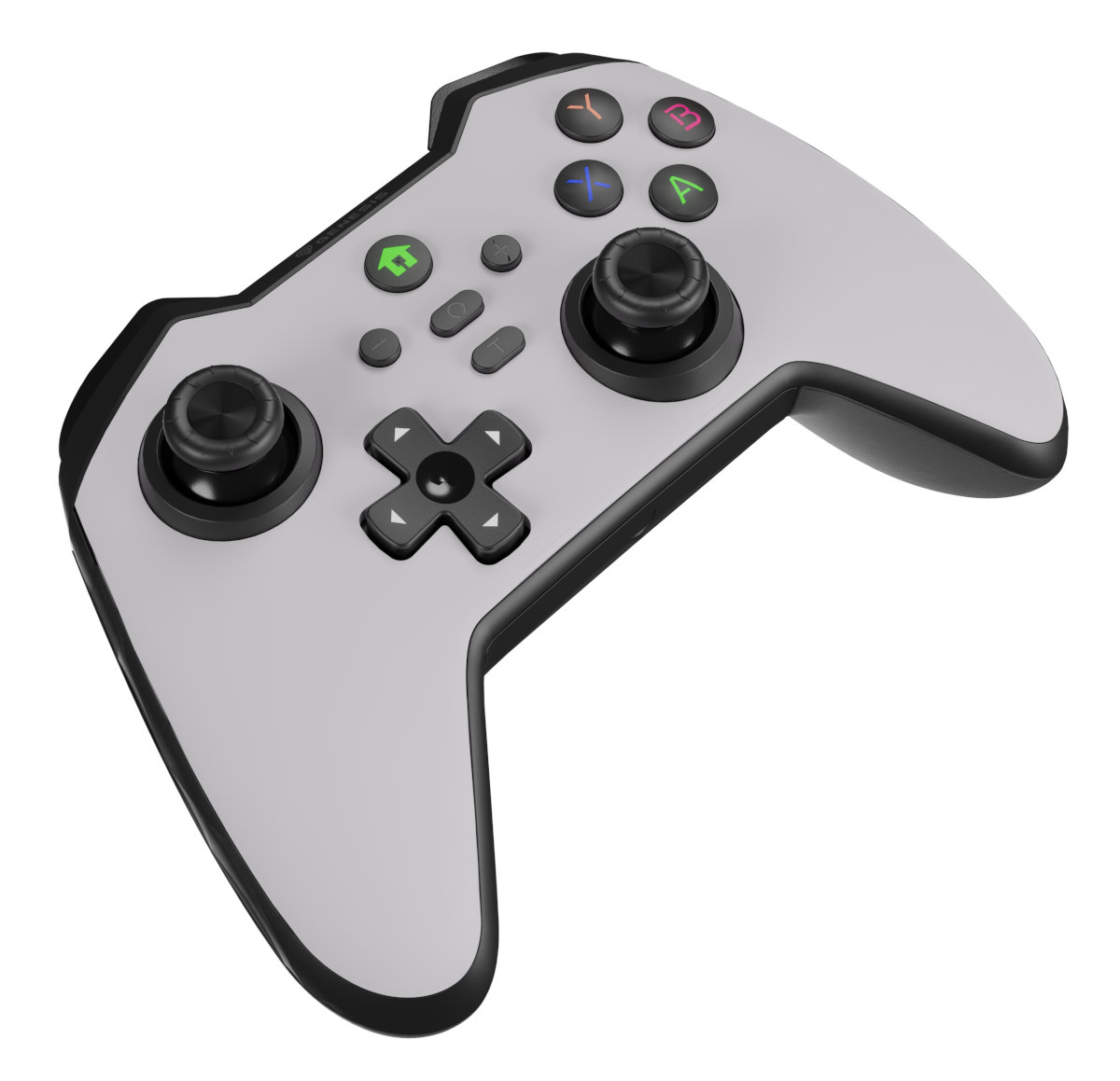 Szaro-czarny kontroler do gier z kolorowymi przyciskami. D-pad ma kształt krzyża.