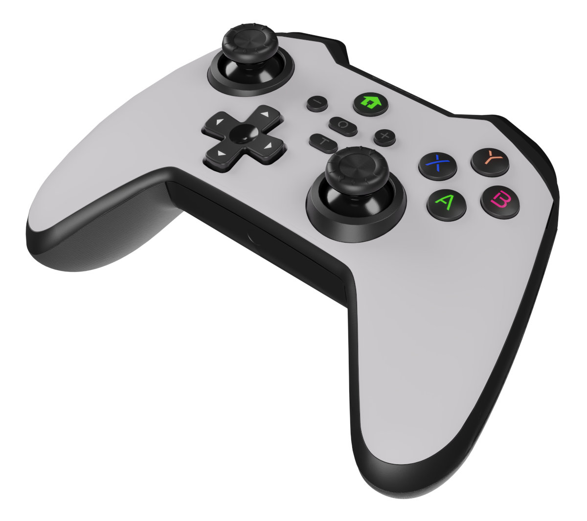 Szary i czarny gamepad z przyciskami i joystickami, na białym tle.