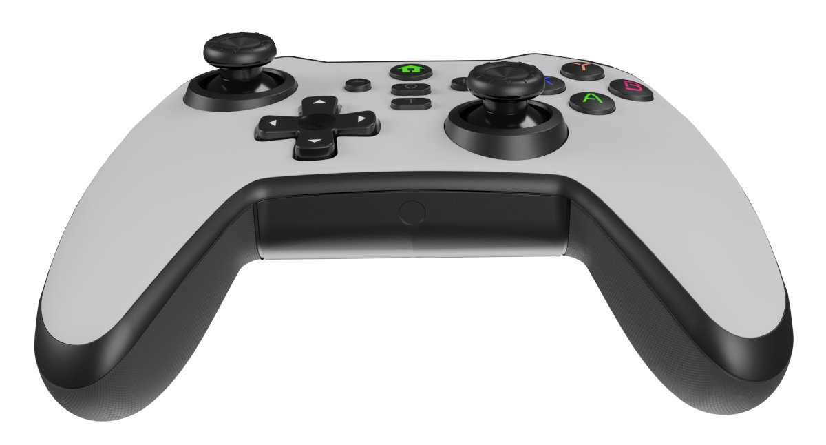 Biały kontroler do gier z czarnymi akcentami. Widoczne dwa joysticki, D-pad, przyciski i triggery.