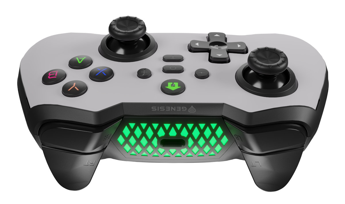 Szary kontroler do gier z wieloma przyciskami, gałkami i zielonym, podświetlanym środkiem.
