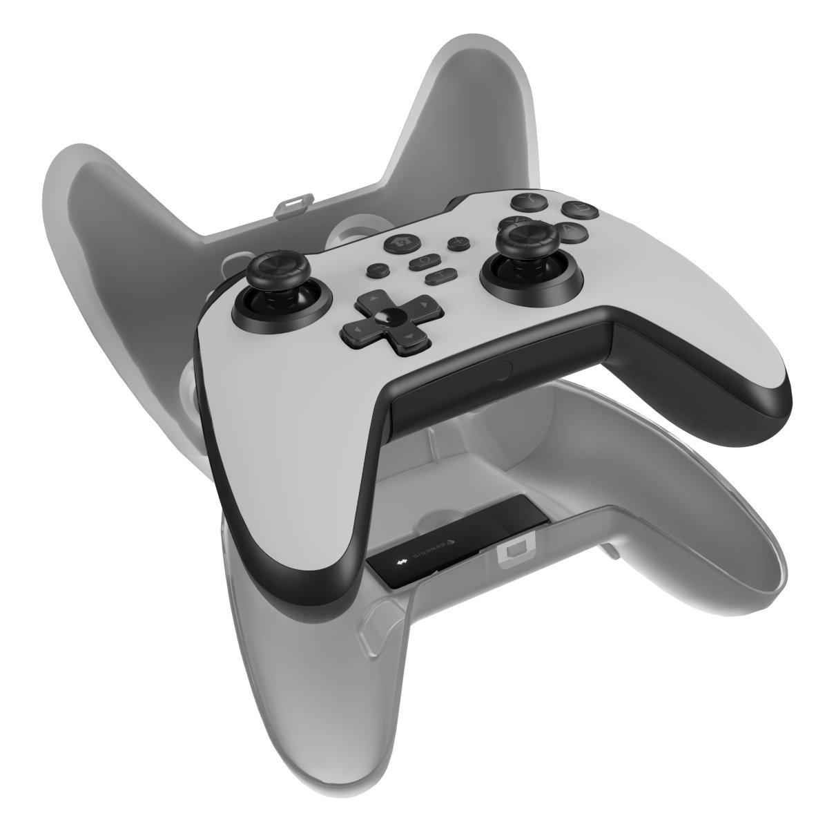 Biało-czarny kontroler do gier z przezroczystym obrysem.