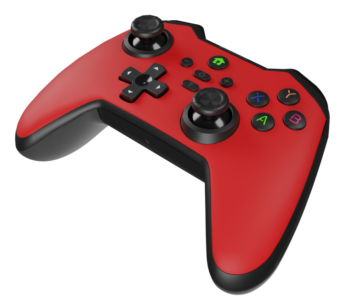 Czerwono-czarny kontroler do gier, widok pod kątem, z widocznymi przyciskami.
