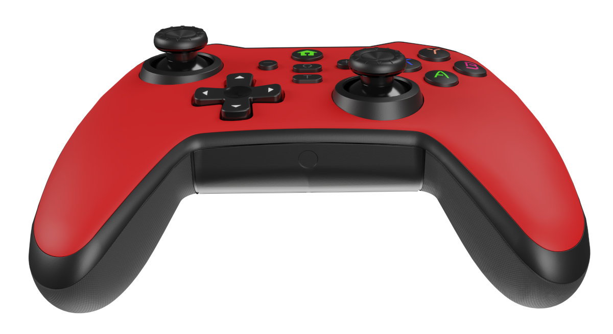 Czerwono-czarny kontroler do gier. Posiada dwa joysticki i kilka przycisków.