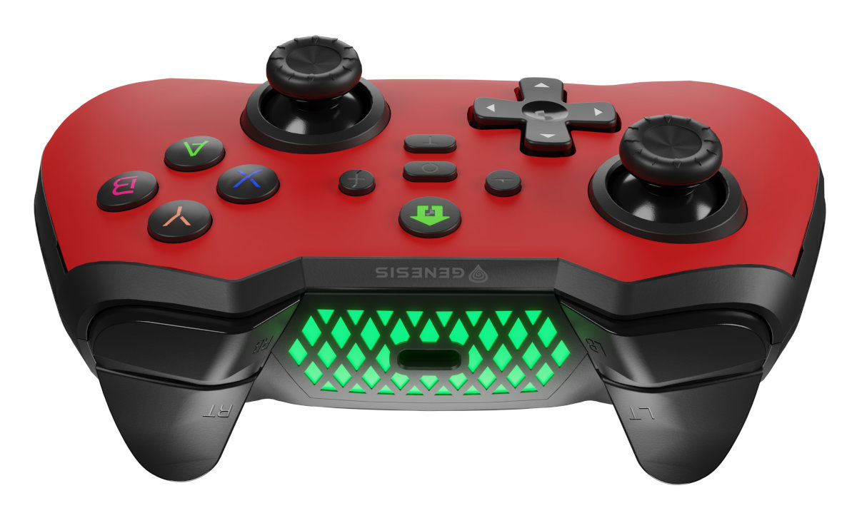 Czerwony i czarny kontroler do gier z zielonymi akcentami świetlnymi i przyciskami.
