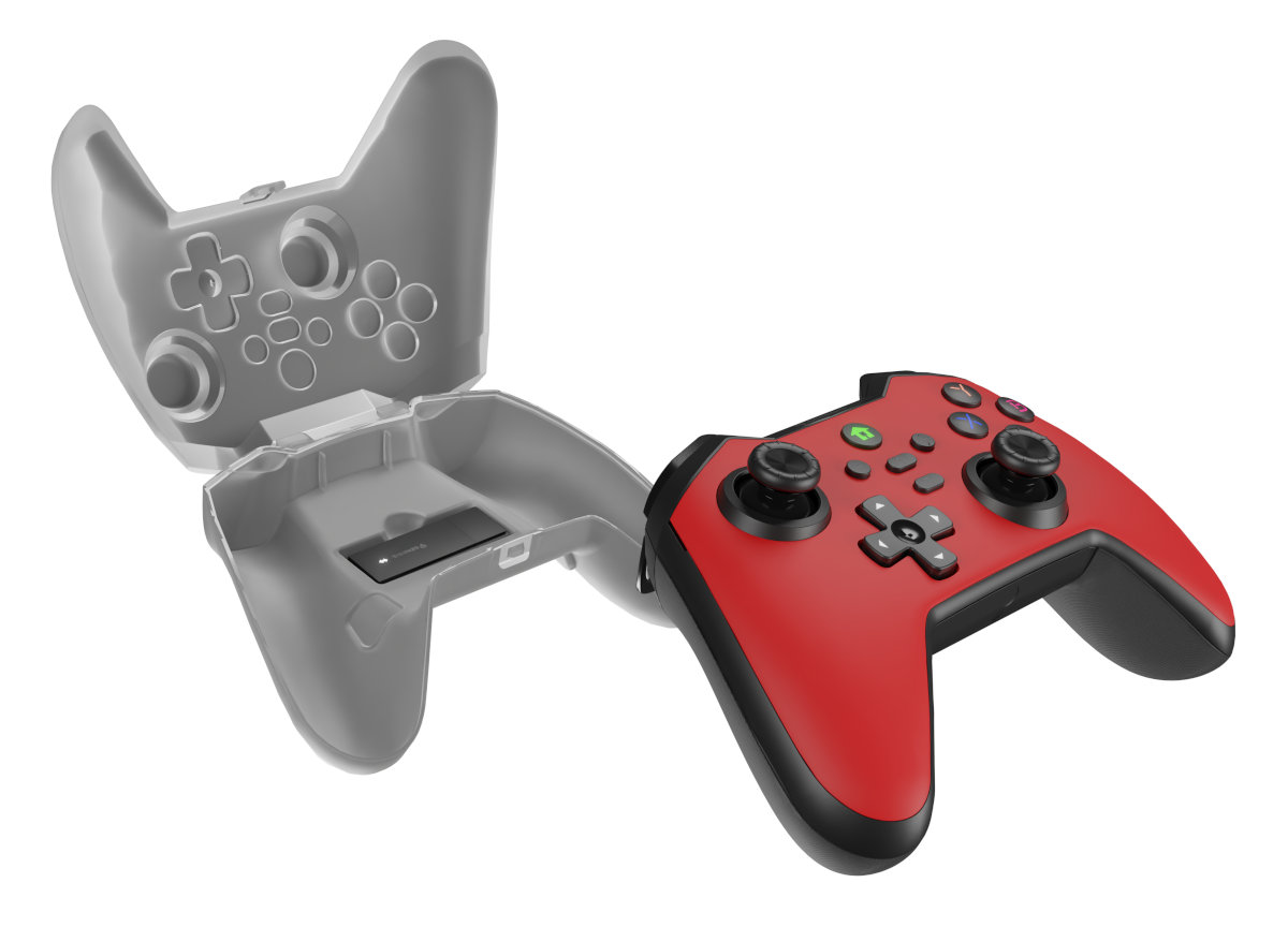 Czerwony kontroler Xbox z szarą, otwartą obudową. Jest na białym tle.