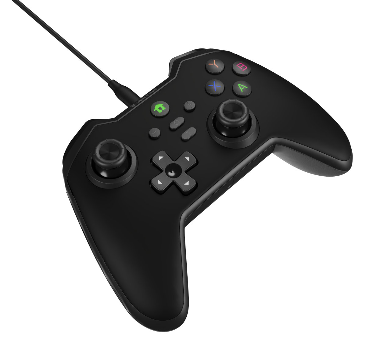 Czarny kontroler do gier z przyciskami i joystickami.