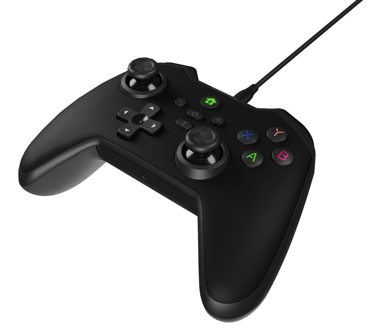 Czarny kontroler do gier z przyciskami i joystickami, połączony czarnym kablem. Białe tło.