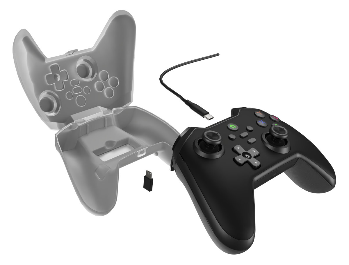 Czarny kontroler do gier z szarą obudową, kablem USB-C i małym kluczem USB na białej powierzchni.