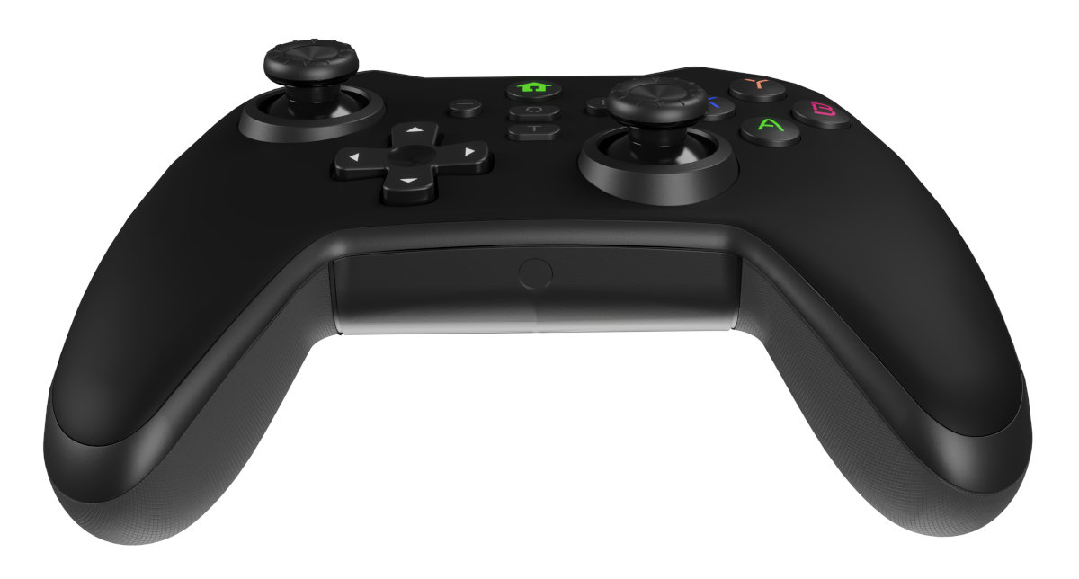 Czarny kontroler gamepada. Widoczne przyciski i joysticki. Białe tło.