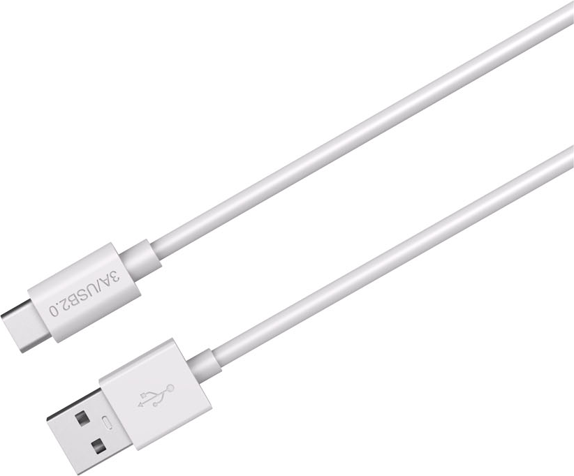 Un câble blanc USB-C vers USB 2.0, avec des connecteurs aux deux extrémités.