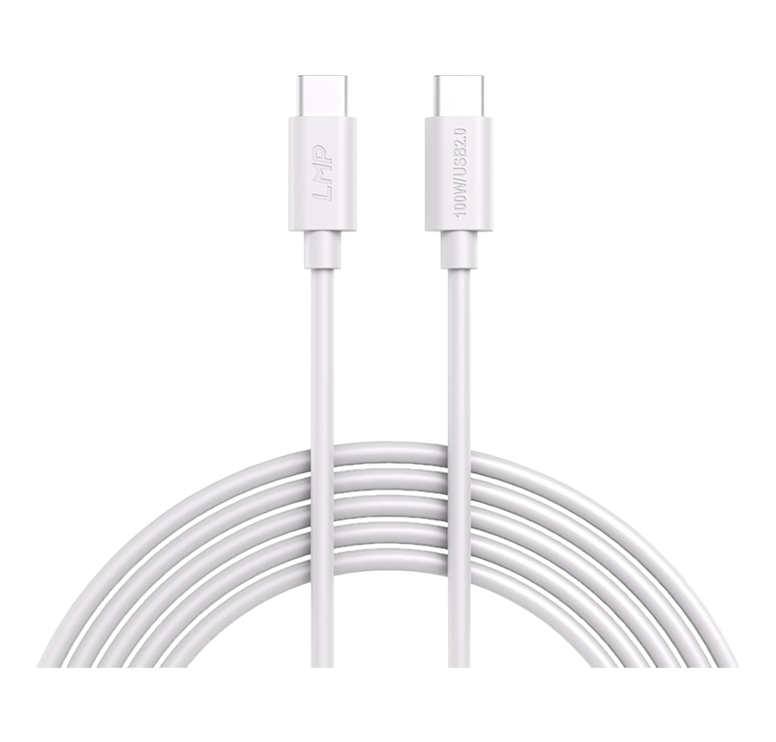 Deux câbles USB-C blancs, côte à côte, sur fond noir. Les câbles sont enroulés en bas.