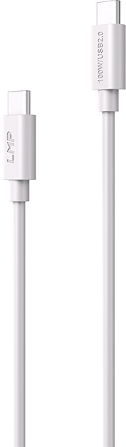 Un câble USB-C blanc avec des connecteurs aux deux extrémités, l'extrémité droite étiquetée 100W/USB2.0.