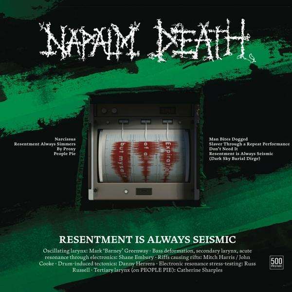 Albumcover von Napalm Deaths Album. Grüner Hintergrund mit Text und einer Grafik einer Maschine.
