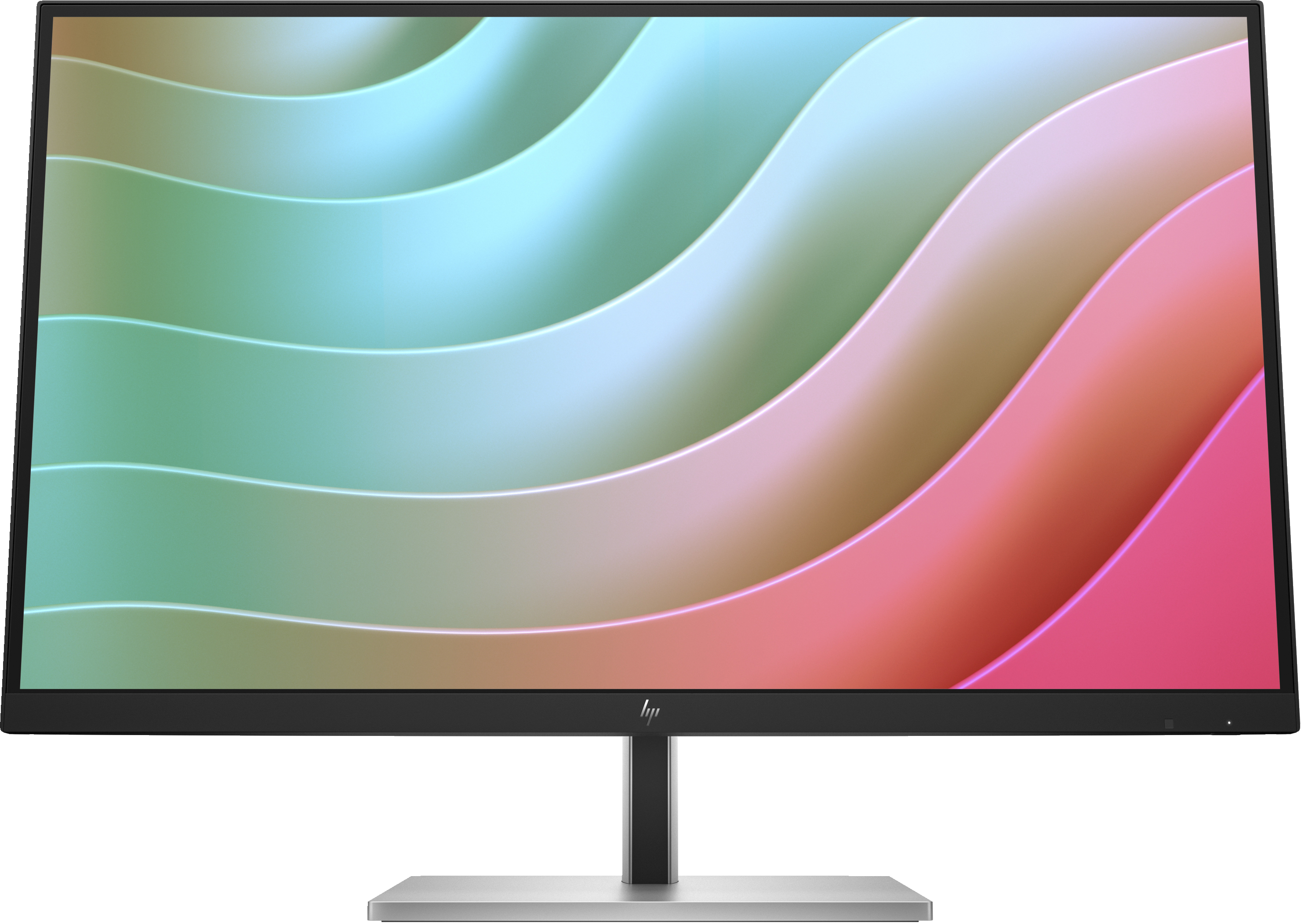 Ein Computerbildschirm zeigt ein buntes, wellenförmiges Hintergrundbild in Grün und Rosa.