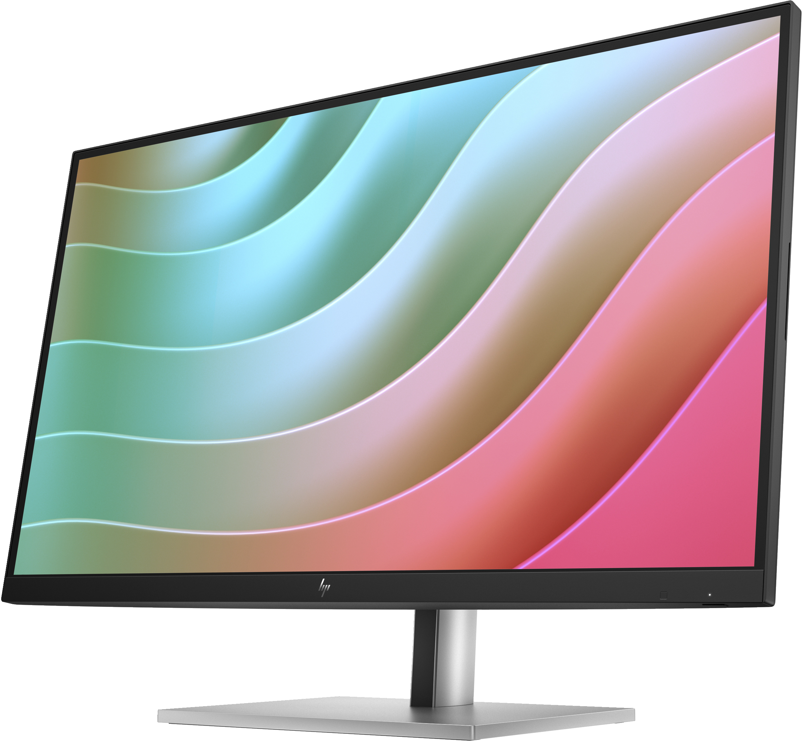 Ein Computerbildschirm mit schlankem schwarzen Rahmen und einem abstrakten, bunten Wellenmuster auf dem Display.
