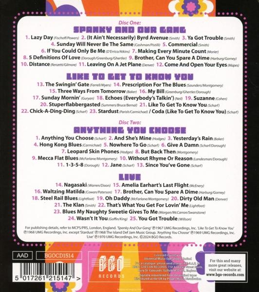Ein farbenfrohes Albumcover mit dem Text "Spanky and Our Gang" und einer Titelliste.