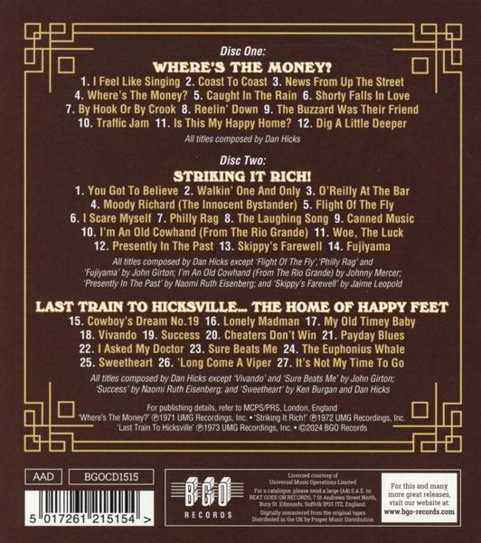 CD-Rückseite mit Titellisten für drei Alben: „Where's The Money?“, „Striking It Rich!“ und „Last Train To Hicksville“.