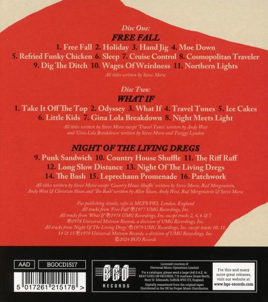 CD-Rückseite mit Titellisten für "Free Fall", "What If" und "Night of the Living Dregs".