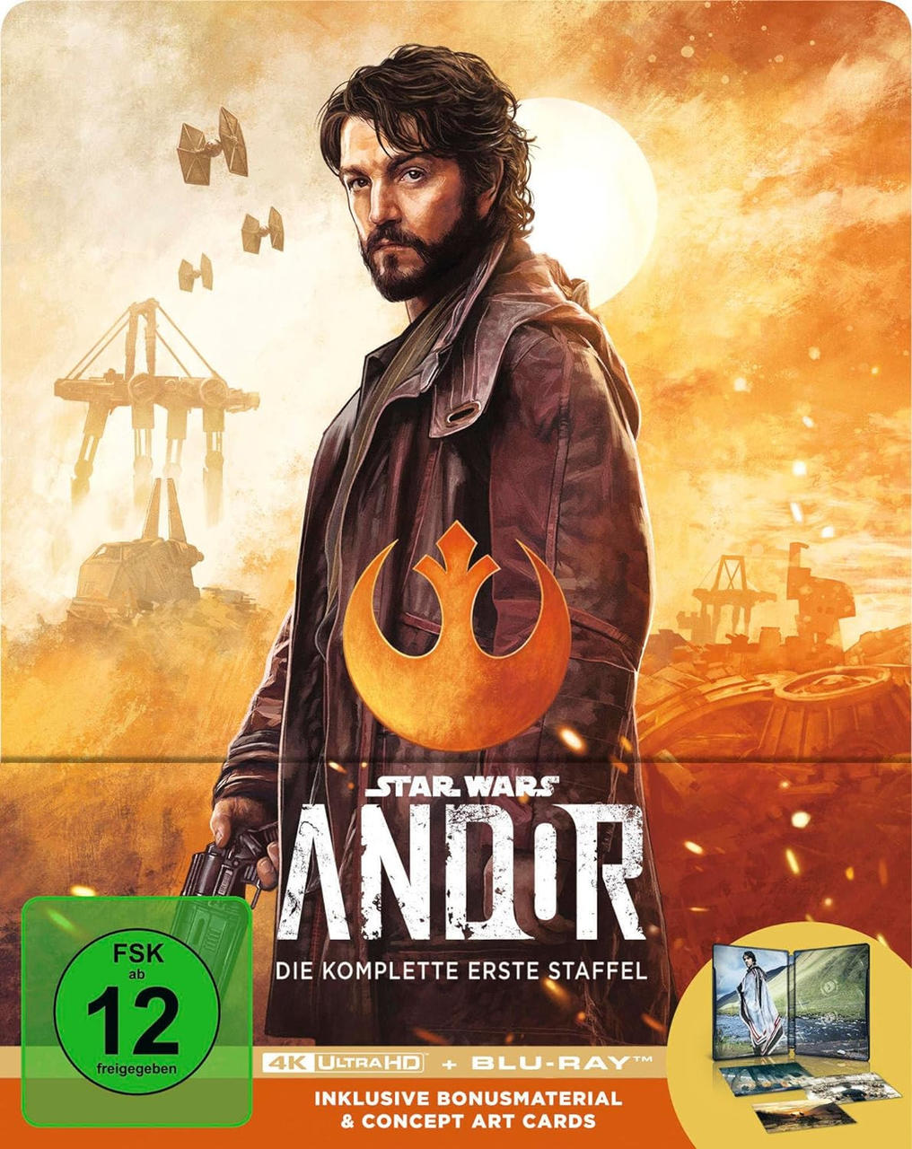 DVD-Cover für Star Wars: Andor. Zeigt einen Mann in einem Mantel und ein Star Wars-Logo. Orange- und Gelbtöne.