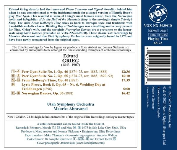 CD-Rückseite mit Edvard Griegs Musik, Details zur Aufnahme und Barcode.