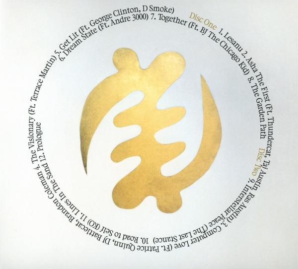 Kreisförmiges Albumcover mit Symbolen und Songtiteln auf weißem Hintergrund.