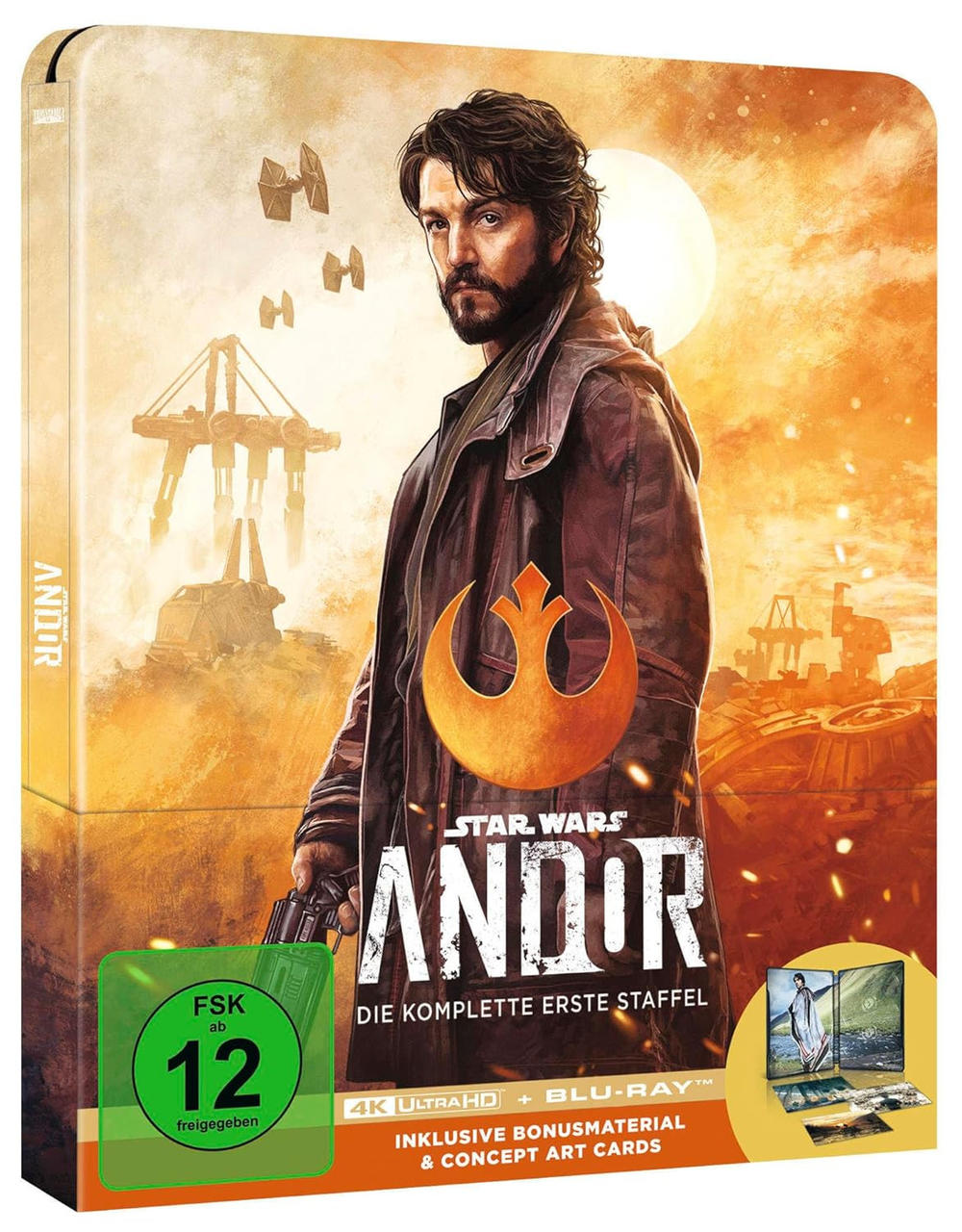 Eine metallische Box für Star Wars: Andor. Mit einem Mann, Logo und Text auf einem orange-gelben Hintergrund.