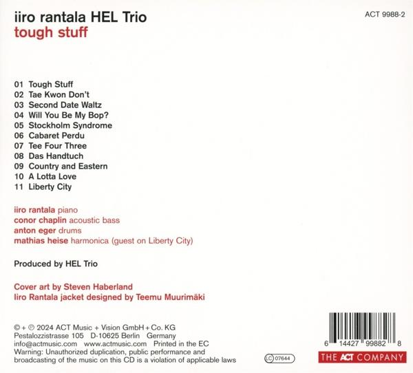 CD-Album-Rückseite mit Trackliste und Produktionsdetails. Enthält das Album 'Tough Stuff' der Band Iiro Rantala HEL Trio.
