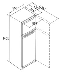 Diagramm eines Kühlschranks mit Maßen in Millimetern. Der Kühlschrank ist weiß.