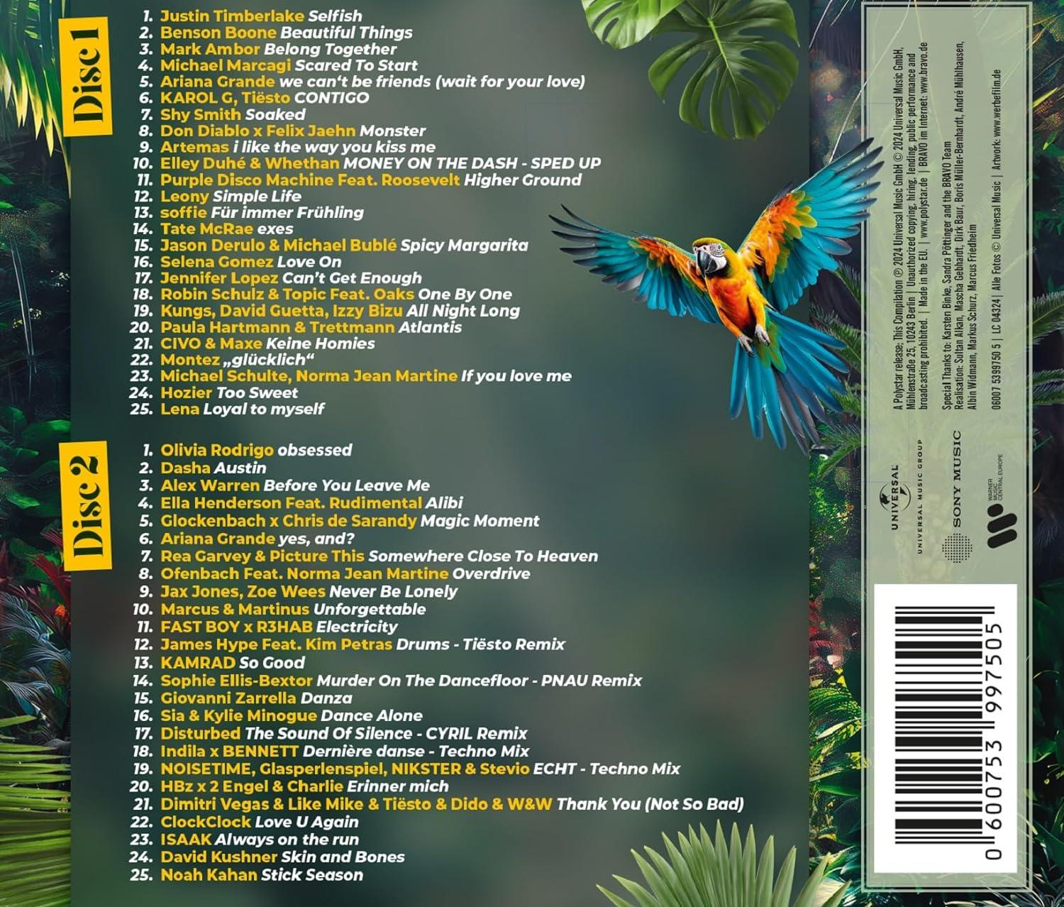 Albumcover mit Titelliste. Ein bunter Papagei im Flug. Der Hintergrund ist eine grüne Tropenpflanze.