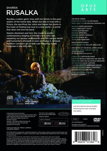 Die Rückseite einer DVD-Hülle für Dvoraks Rusalka mit Text und Bildern.