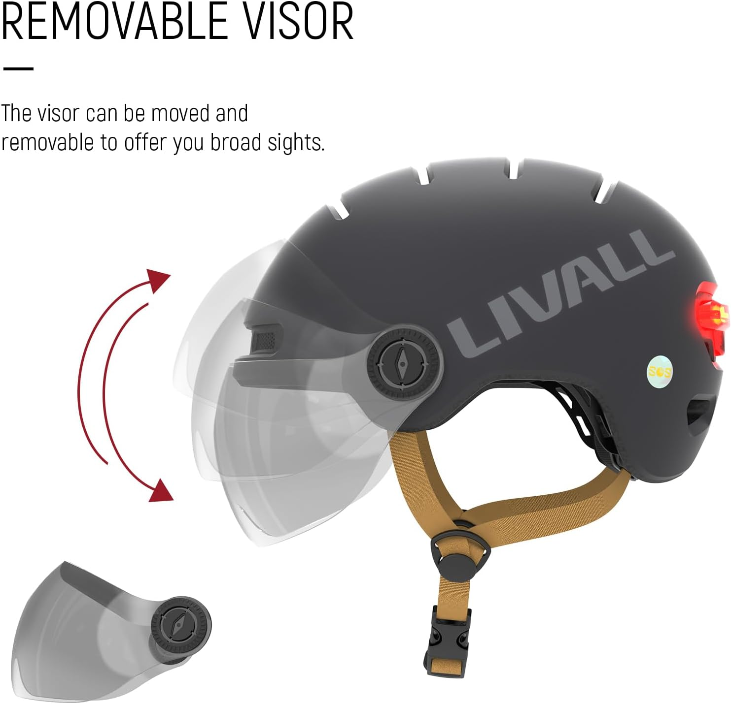 Casco da bicicletta nero con visiera, aperto a sinistra, e luce rossa.