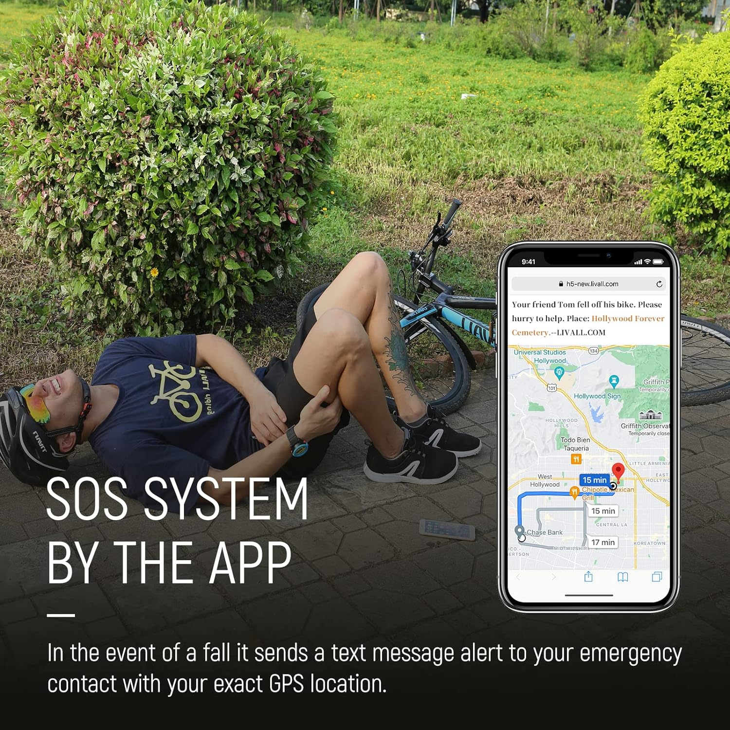 Un uomo è sdraiato a terra vicino a una bici. Un telefono mostra una mappa con il messaggio di testo.
