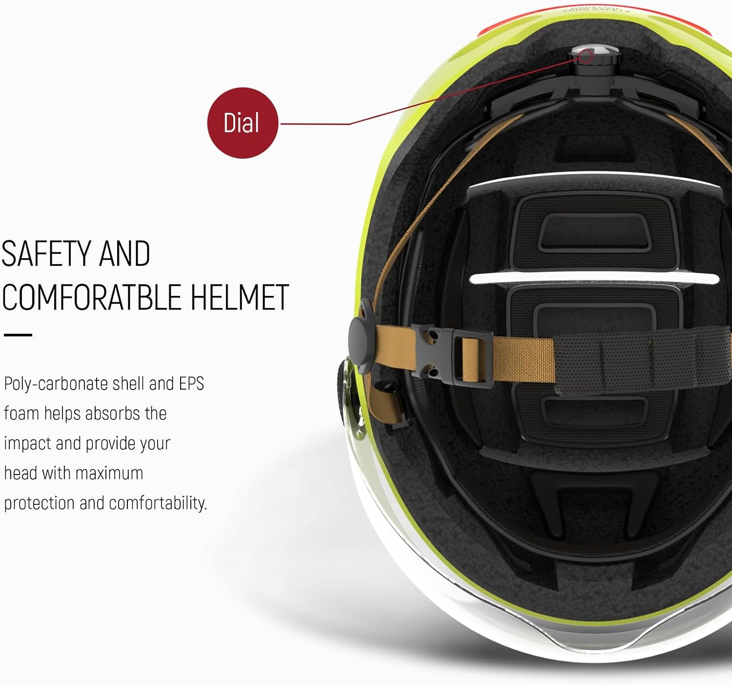 Interno casco giallo e bianco con testo sicurezza e un quadrante rosso.